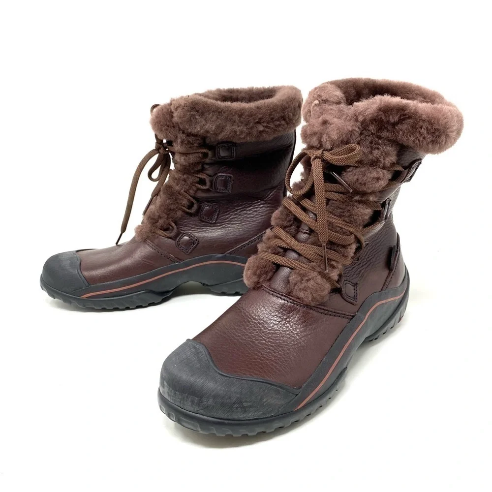 Clarks Bold Crystal Dark Brown Leather Shearling trimmed waterproof boots